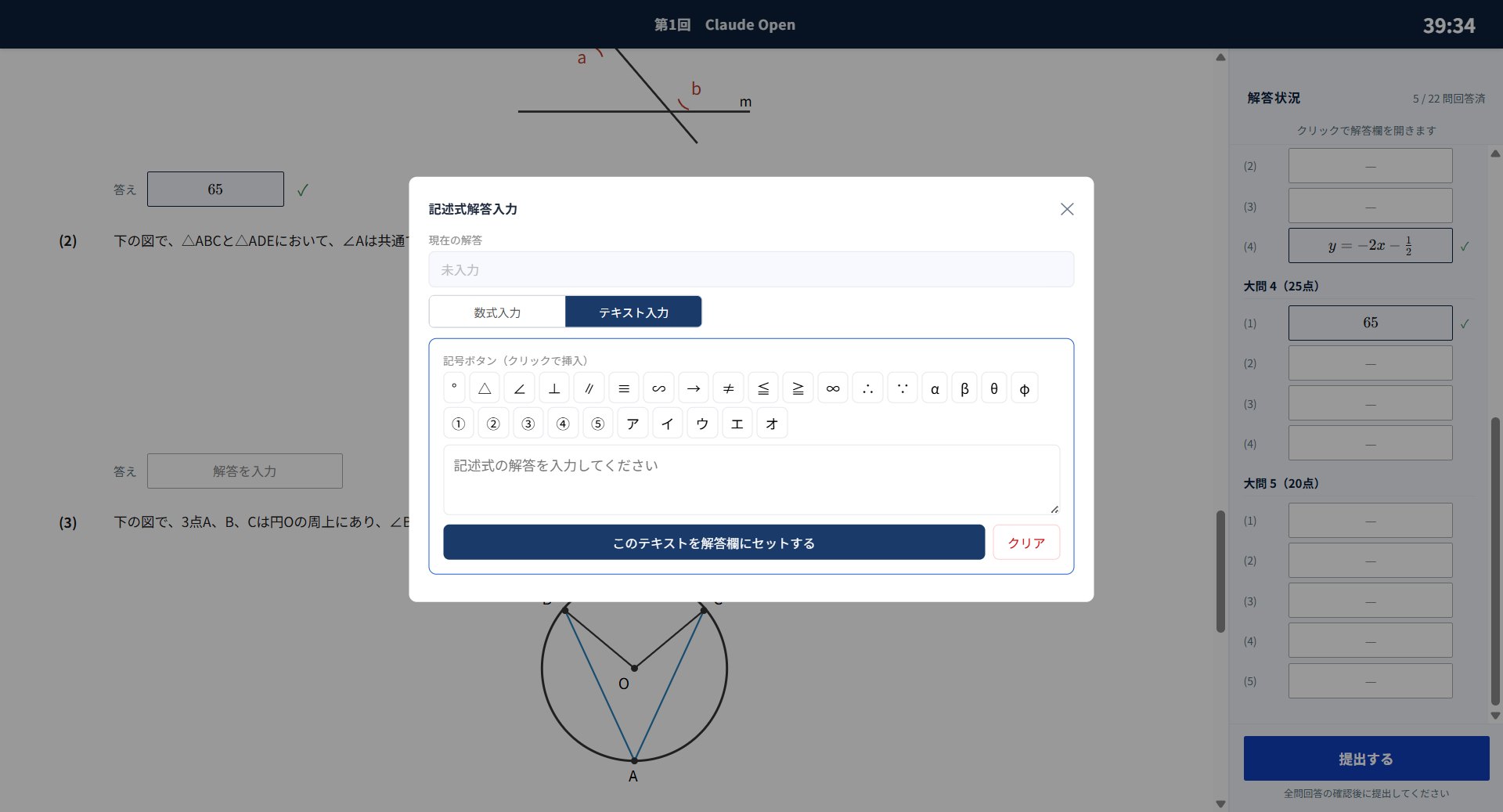 受験画面:問題用紙と記述式の入力